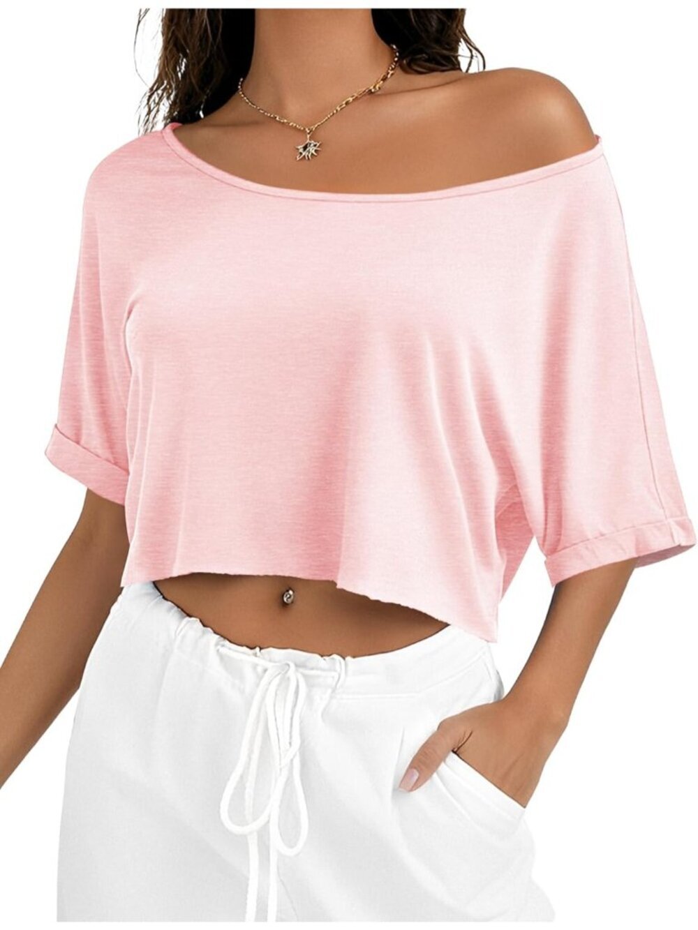 Women's Light Pink Short Sleeve Off The Shoulder Boat Neck Loose Crop Top
